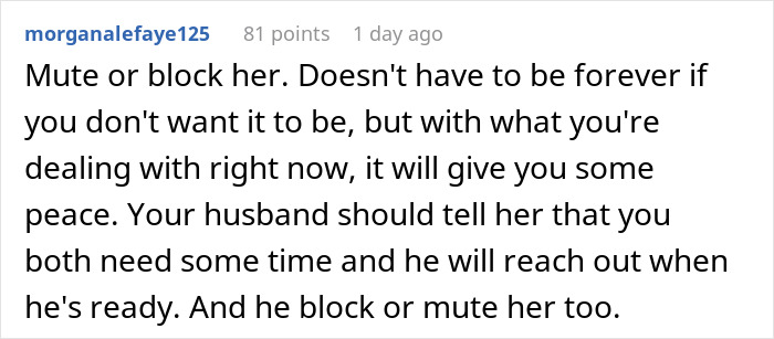 Comment advising to mute or block mother-in-law to manage conflict after hijacked pregnancy announcement on Facebook.