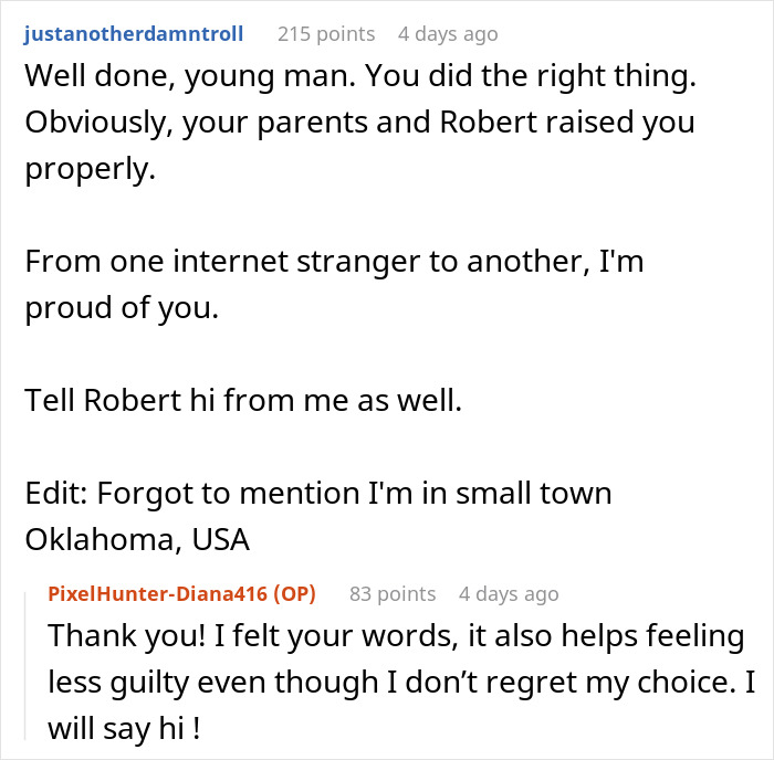 Reddit comments showing support for a guy who learns his childhood friend robbed a kind old man and turns him in.