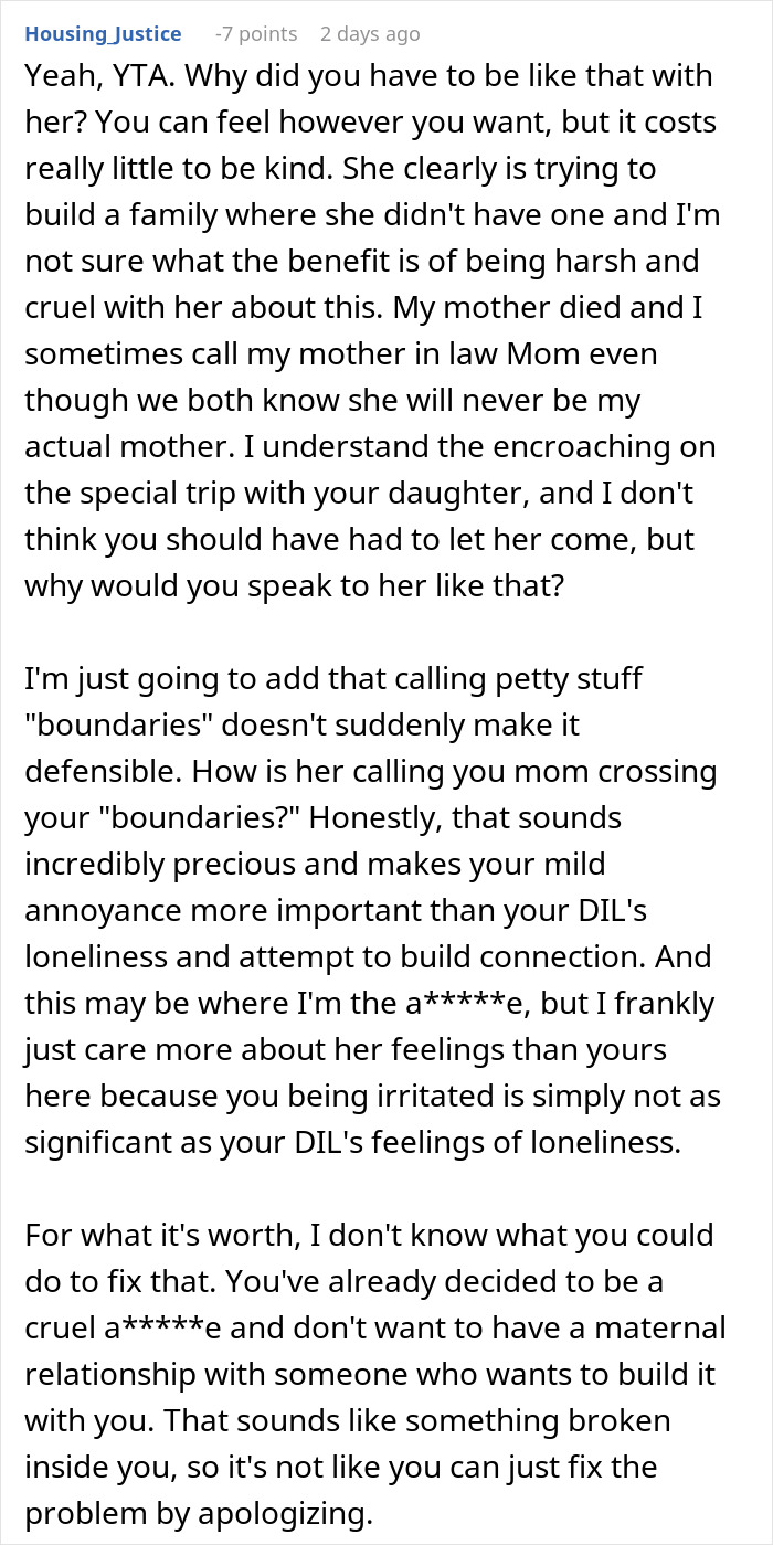 Comment discussing a daughter-in-law seeking a relationship with mother-in-law and being told to get lost in a family conflict.