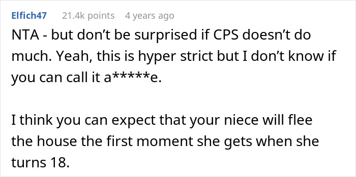 Commenter advises caution about calling CPS after learning about niece&rsquo;s home life and predicts niece may flee at 18.