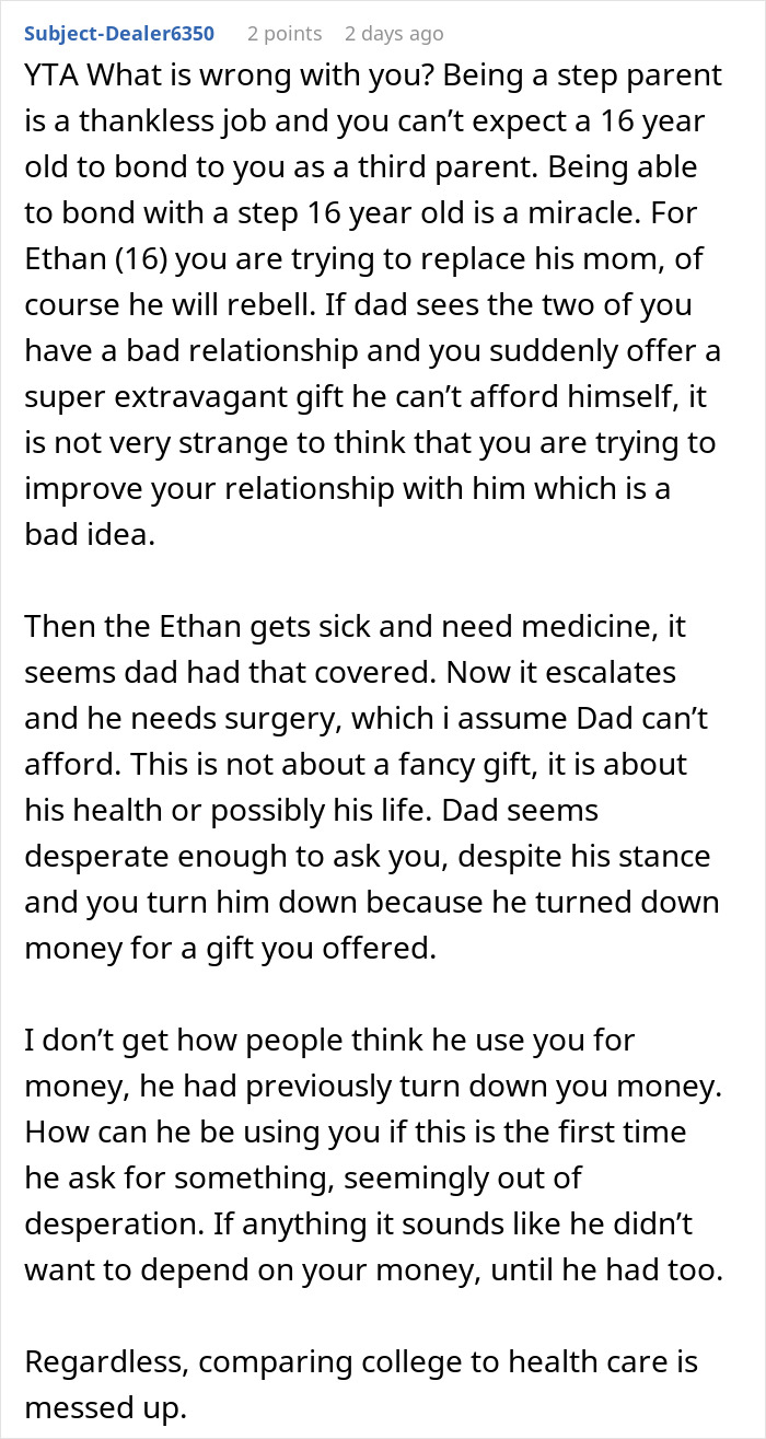 Text post discussing a step parent’s response to paying for a stepson’s surgery and family relationship struggles. Text post discussing a step parent’s response to paying for a stepson’s surgery and family relationship struggles.