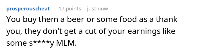 Screenshot of a comment discussing cashing in on a job found through a friend and hosting the conversation.