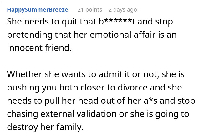 Alt text: A heated online comment about refusing to let a wife's work husband join the family vacation and emotional affair concerns.