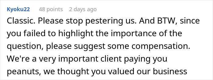 Screenshot of a client comment showing panic and frustration after designer stops follow-ups on approvals as requested. Screenshot of a client comment showing panic and frustration after designer stops follow-ups on approvals as requested.