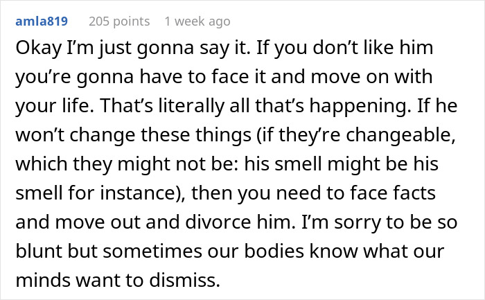Reddit comment discussing how a wife feels grossed out by her husband and struggles to come back from it. Reddit comment discussing how a wife feels grossed out by her husband and struggles to come back from it.