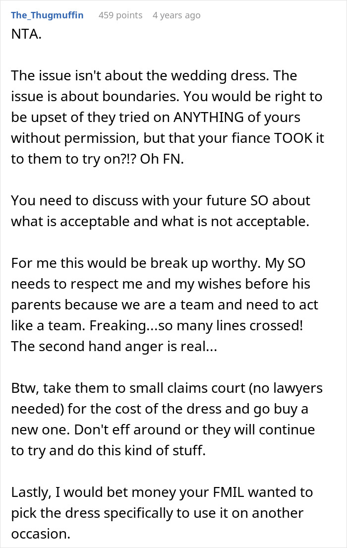 Woman left baffled as mother-in-law crosses boundaries and ruins wedding dress by demanding to try it on.