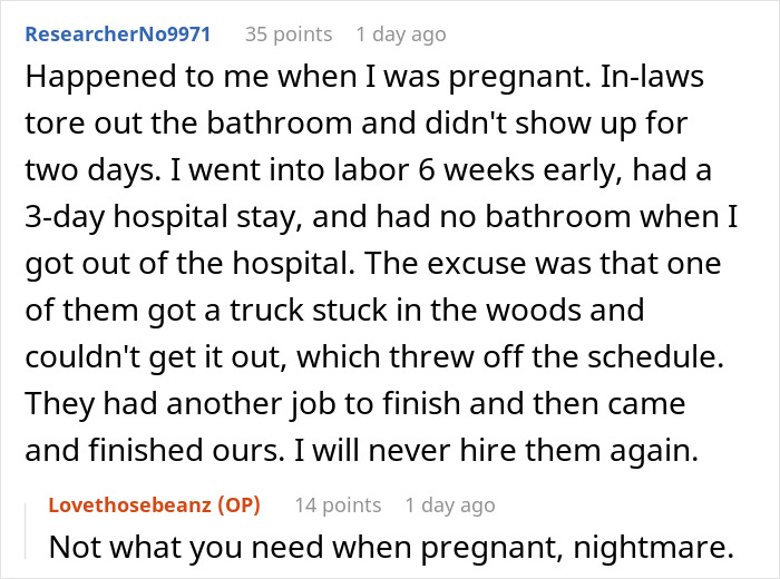 Comment about in-laws causing kitchen renovation delays and leaving during vacation, sparking husband revenge.