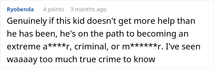 Comment discussing concerns about a child&rsquo;s future behavior amid a babysitter refusing to watch one specific child.