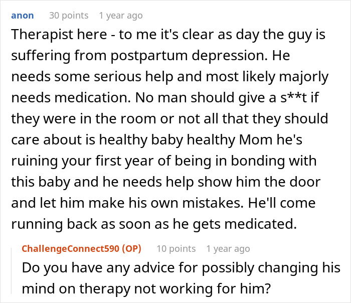 Commenter explains man struggles to bond with daughter born by cesarean, likely needing mental health support and medication.