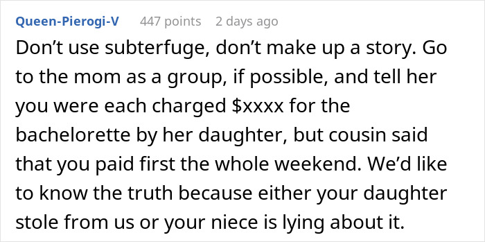 Comment discussing being overcharged by the MOH for the bachelorette and questioning the truth about the money.