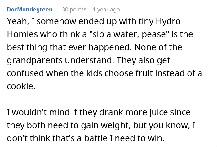 Comment discussing how boomer relatives undermine kids' healthy habits by offering candies and soda instead of healthy choices.