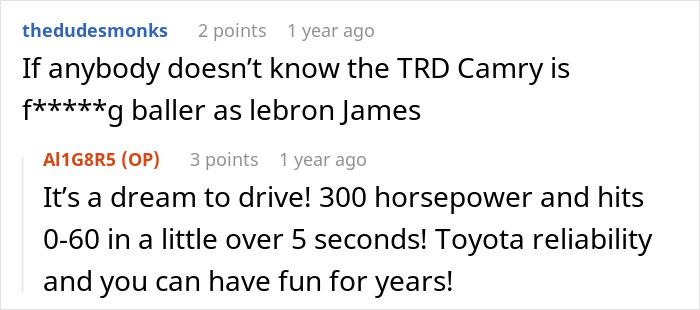 Comments discussing the TRD Camry's power, speed, and reliability, emphasizing fun washing and waxing after egg attacks.