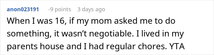 Comment about mom guilt-tripping son who makes lunch only for himself, reflecting family and sibling dynamics.