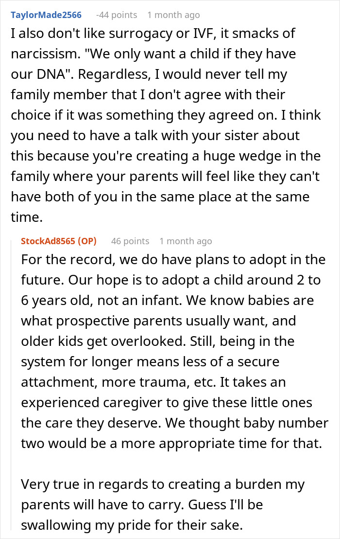 Reddit discussion about surrogacy being misogynistic and family conflicts over baby plans and adoption choices.