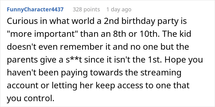 Comment discussing views on the importance of a 2nd birthday party vs older children's parties and related parental concerns.