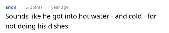 Comment on Reddit thread, mentioning someone getting into hot and cold water for not washing dishes, related to teaching homophobic brother-in-law a lesson.