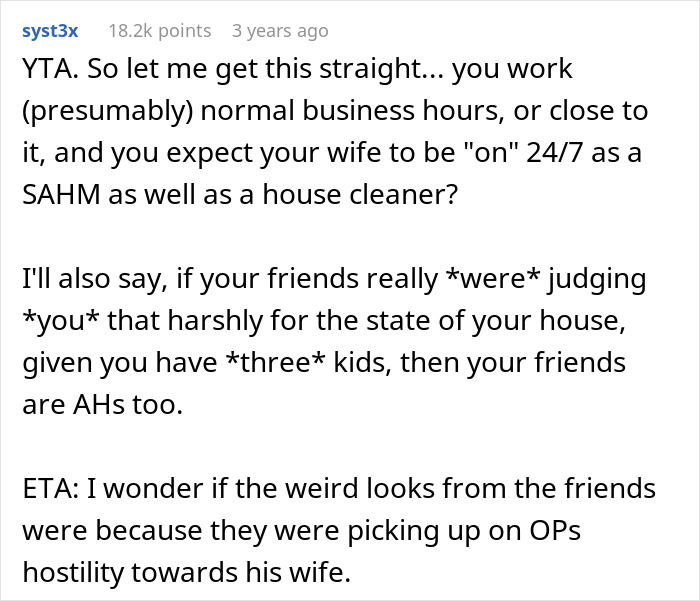 Text post from Reddit discussing husband blaming ill wife for messy home after bringing guests over, sparking controversy.