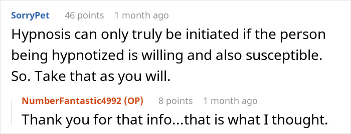 Comments discussing hypnosis and susceptibility in a thread about a wife cheating and mind control excuse.