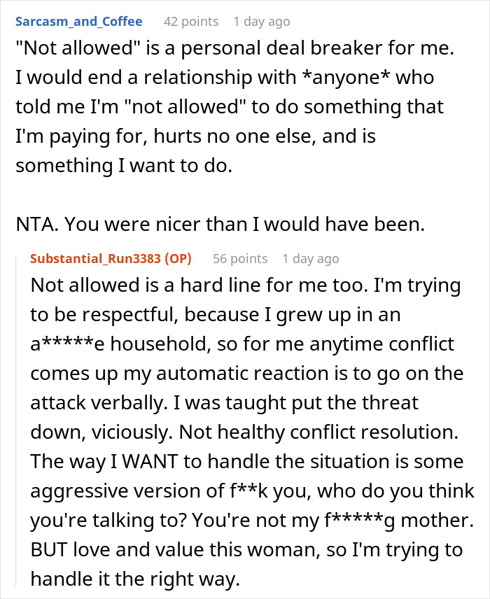 Text conversation screenshot discussing personal boundaries and conflict resolution, relating to man accused of supporting transphobia.