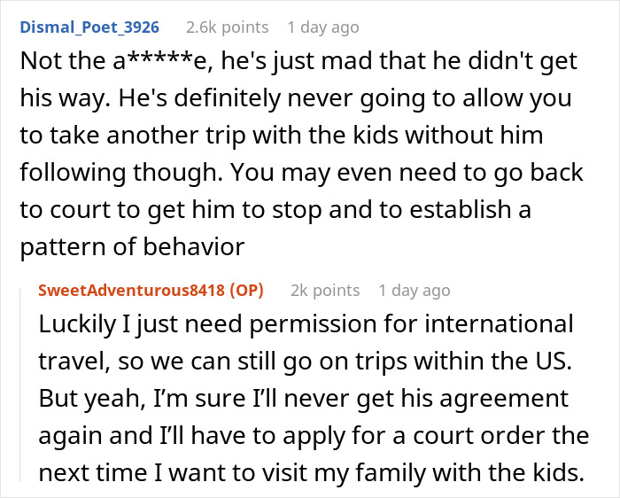 Redacted online discussion about woman not warning deadbeat ex about passport revocation, leaving him stranded at airport.