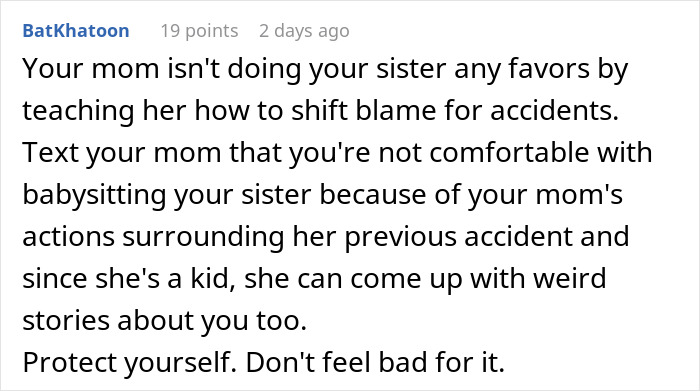 Comment discussing family conflict and refusal to watch sister after claims of breaking her leg in an online forum.