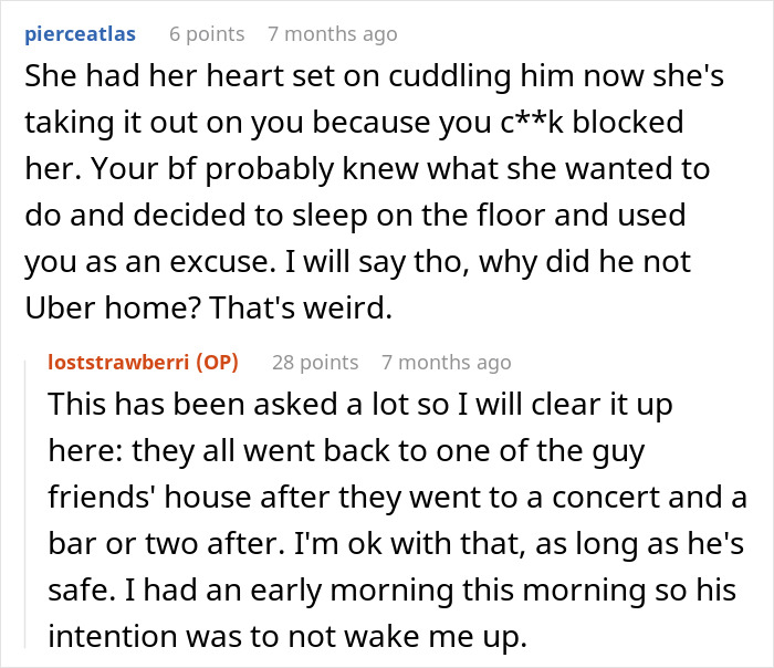 Screenshot of a conversation about a woman upset that her friend&rsquo;s girlfriend won&rsquo;t let them sleep in the same bed.