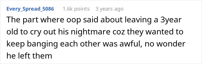 Screenshot of a Reddit comment discussing parents neglecting their son, leading to his emotional outburst over years.