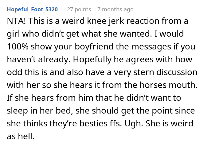 Screenshot of a forum comment discussing a woman upset about friend&rsquo;s girlfriend not allowing them to sleep in the same bed.