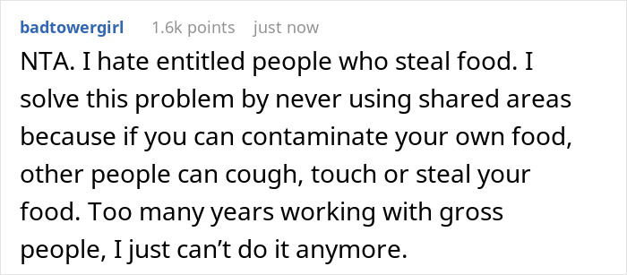 Comment discussing frustration with a coworker tea thief at work and avoiding shared food areas due to entitlement issues. Comment discussing frustration with a coworker tea thief at work and avoiding shared food areas due to entitlement issues.
