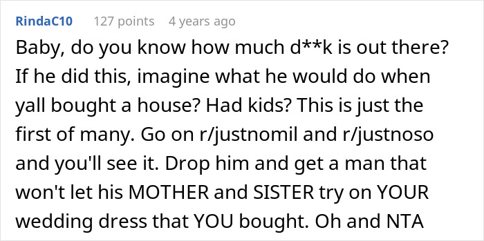 Comment discussing dangers of letting in-laws try on a wedding dress, advising to avoid such situations.