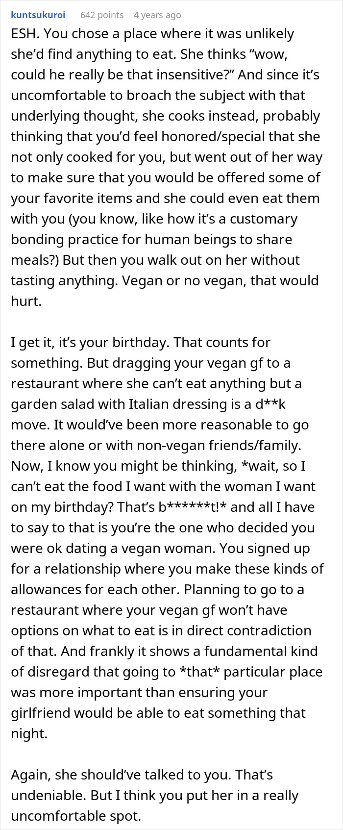 Text conversation discussing the challenges of refusing to eat a vegan meal on a girlfriend's birthday. Text conversation discussing the challenges of refusing to eat a vegan meal on a girlfriend's birthday.