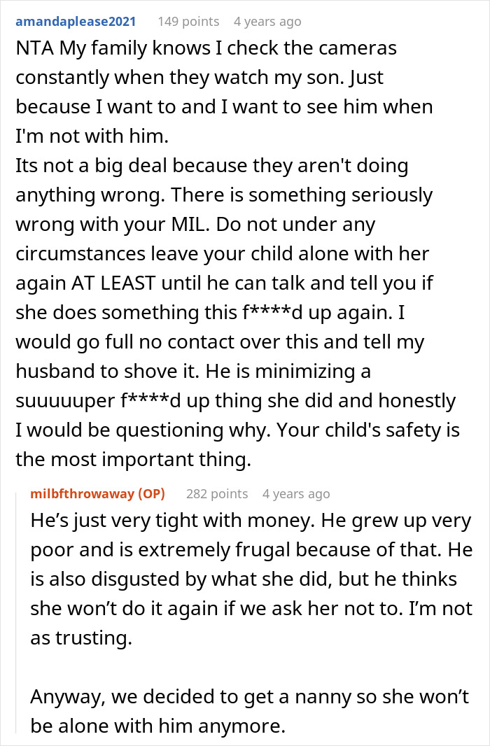 Conversation discussing mother-in-law caught trying to breastfeed baby, mom furious about child safety and trust issues.