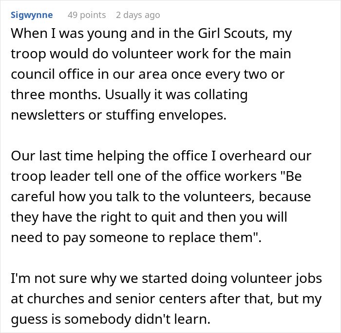 Screenshot of a forum post discussing volunteer work hours related to non-profit employee time tracking issues.