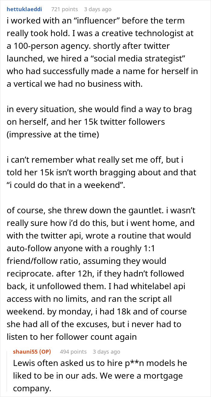 Screenshot of a social media thread about an influencer coworker whose follower count was artificially inflated using automated scripts.