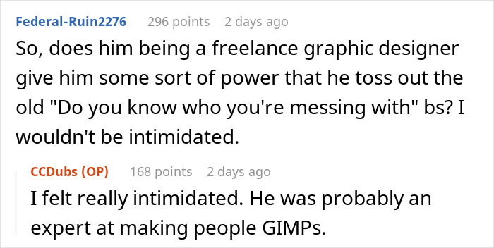 Online forum conversation about a guy blocking garage and swearing at woman&rsquo;s family after job applications sent in his name.