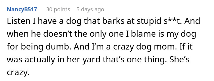 Comment discussing a woman blaming her dog’s barking, sparking neighborhood drama over the garden next door. Comment discussing a woman blaming her dog’s barking, sparking neighborhood drama over the garden next door.