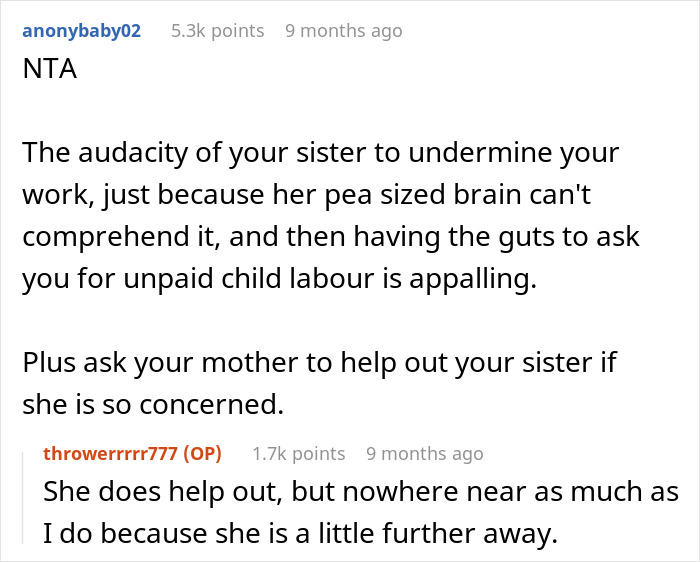 Reddit conversation about a brother quitting babysitting after sister says his job isn&rsquo;t real work.