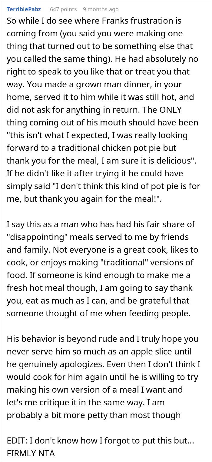 Commenter discussing frustrations with a brother-in-law over a non-traditional chicken pot pie at family gathering.