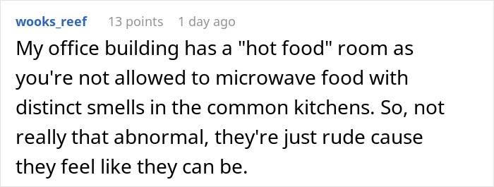 Comment about office rules on microwaving food with distinct smells, highlighting coworker&rsquo;s lunch and protein bars debate.
