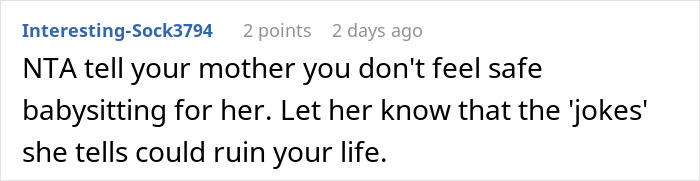 Comment on a forum discussing a woman refusing to watch her sister after family claims she broke her leg, expressing safety concerns.