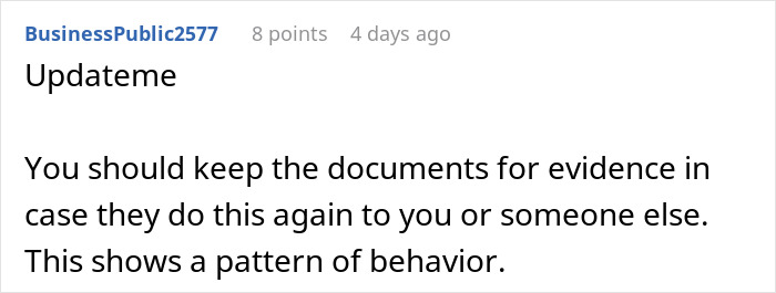 Comment from user BusinessPublic2577 advising to keep documents as evidence to prove a pattern of behavior against maternity leave claims.