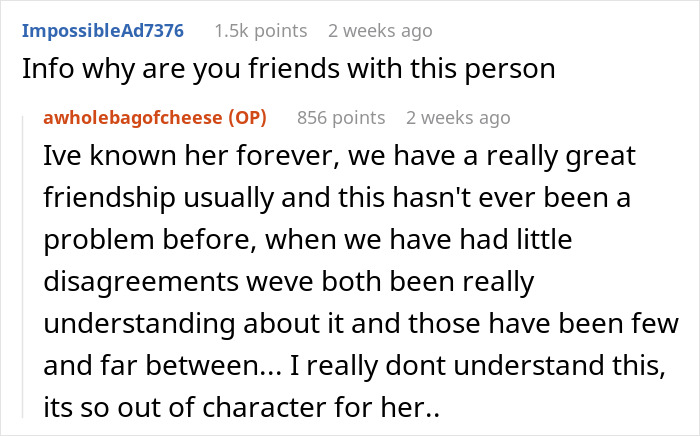 Screenshot of a Reddit conversation about a maid of honor refusing to hide psoriasis, leading to a wedding ban without body makeup.