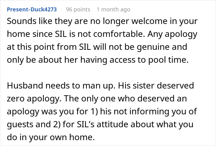 Comment discussing SIL sunbathing topless and family tensions over exposing herself to husband and son.