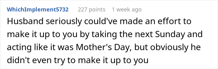 Screenshot of a forum comment criticizing a husband for skipping his wife&rsquo;s first Mother&rsquo;s Day to spend time with his mom.