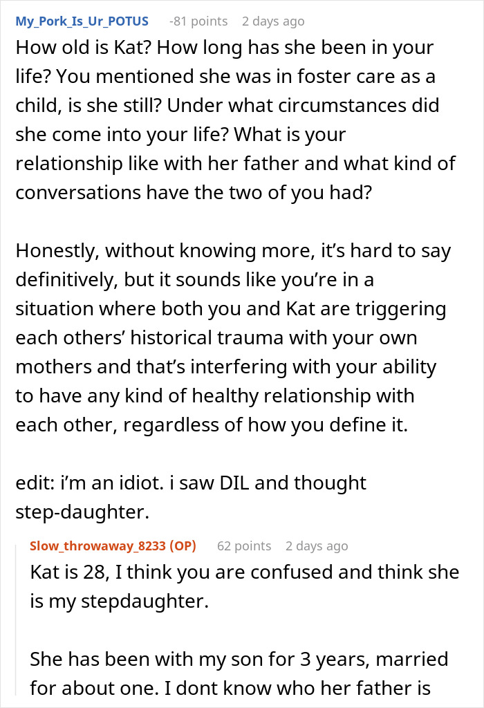 Reddit conversation discussing a daughter-in-law seeking relationship with mother-in-law and family dynamics.