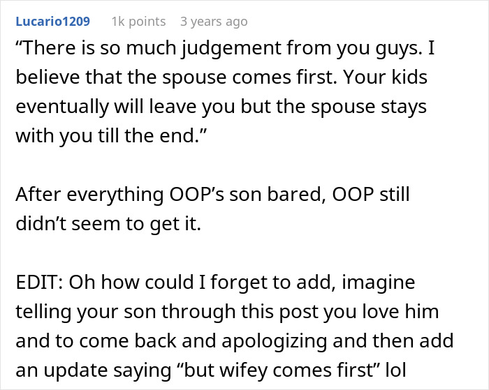 Comment discussing parents' neglect and a son blowing up, highlighting years of emotional strain and family conflict.