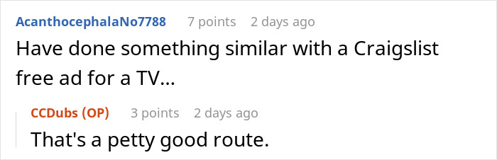 Screenshot of an online discussion about a man blocking a garage and job applications sent in his name.