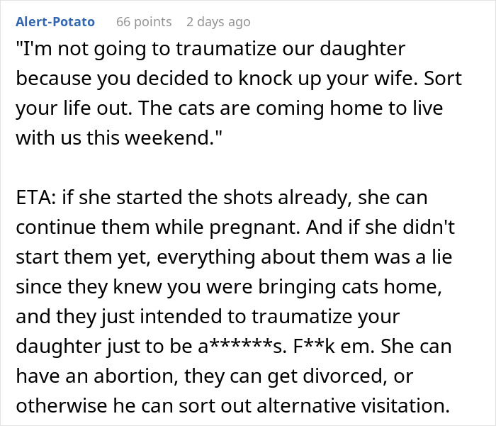 Man demands ex rehomes her cats because his new wife is severely allergic, sparking family conflict and custody issues.