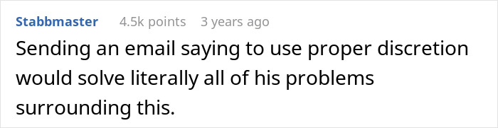 Comment from user Stabbmaster discussing email discretion related to employee compliance and company rules consequences. Comment from user Stabbmaster discussing email discretion related to employee compliance and company rules consequences.