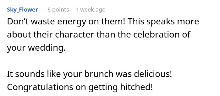 Comment on bride spends months planning elegant wedding, rude aunt disrupts with fast-food wrappers and grease shown in online discussion.